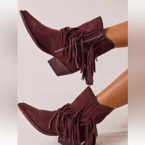 Free People Women’s Burgundy Suede Western Boho Boots With Fringe Size 37.5